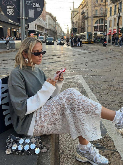 White Lace A-Line Skirt Trendy Casual Summer Dress