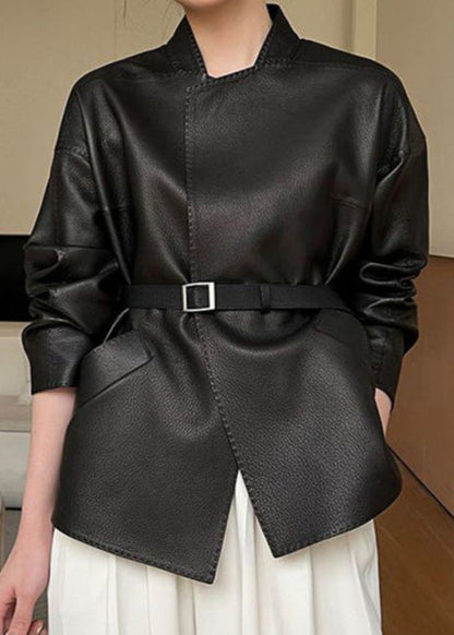 Faux Leather Belted Jacket With Wrap Silhouette