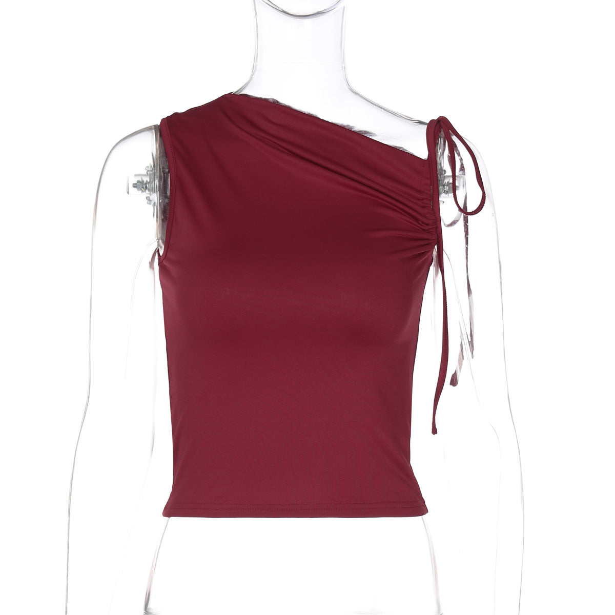Trendy Asymmetrical Neckline Sleeveless Top With Drawstring