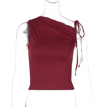 Trendy Asymmetrical Neckline Sleeveless Top With Drawstring