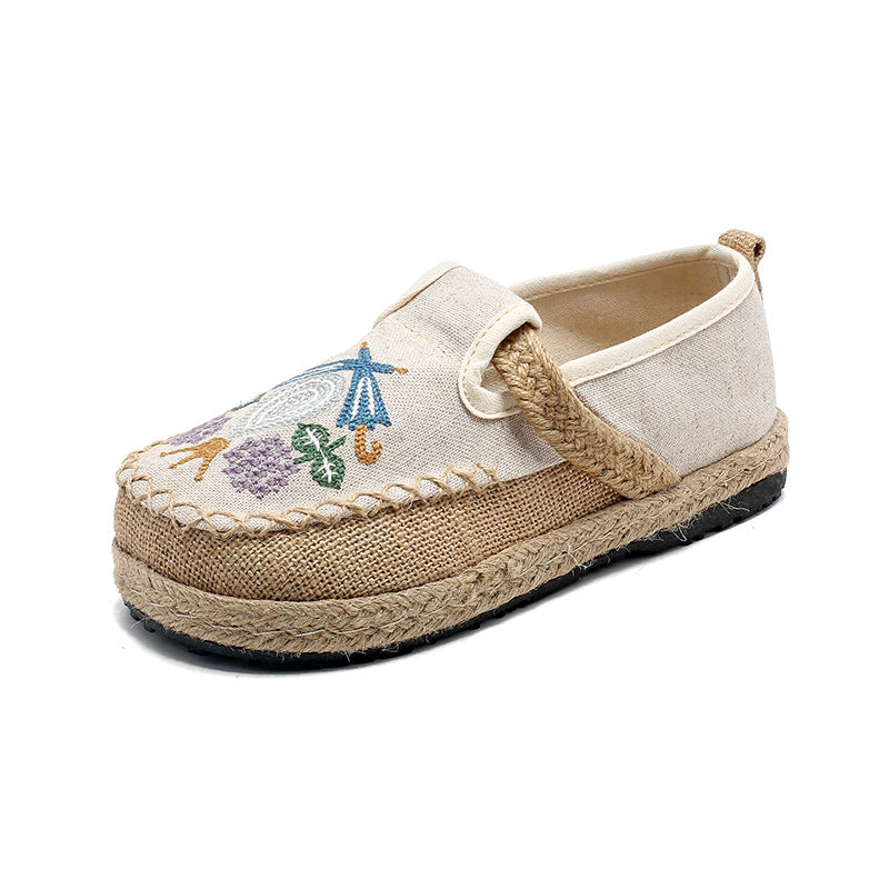 Comfortable Round Toe Cotton Hemp Midsole Women'S Casual Shoes, Ethnic Style Lazy Person, One Footed Fisherman'S Shoes, Retro Embroidered Shoes