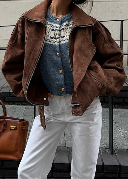Suede Leather Moto Bomber Jacket Brown