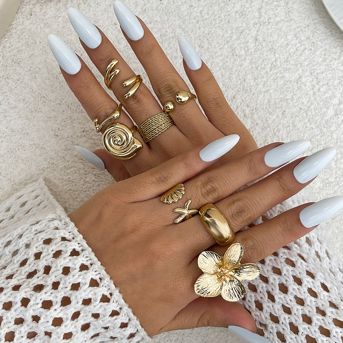 Shell And Flower Ring Set Elegant Metal Fashion Jewelry