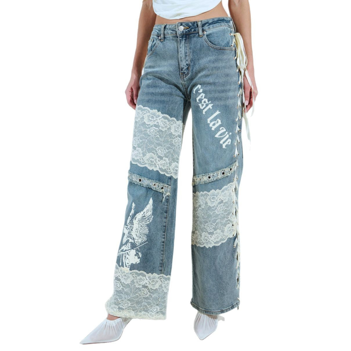Lace Splicing Low Rise Straight Leg Jeans