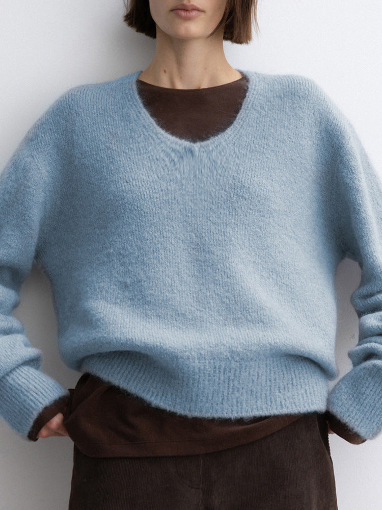 V-Neck Warm Knit Sweater with Rabbit Hair for Casual Elegance