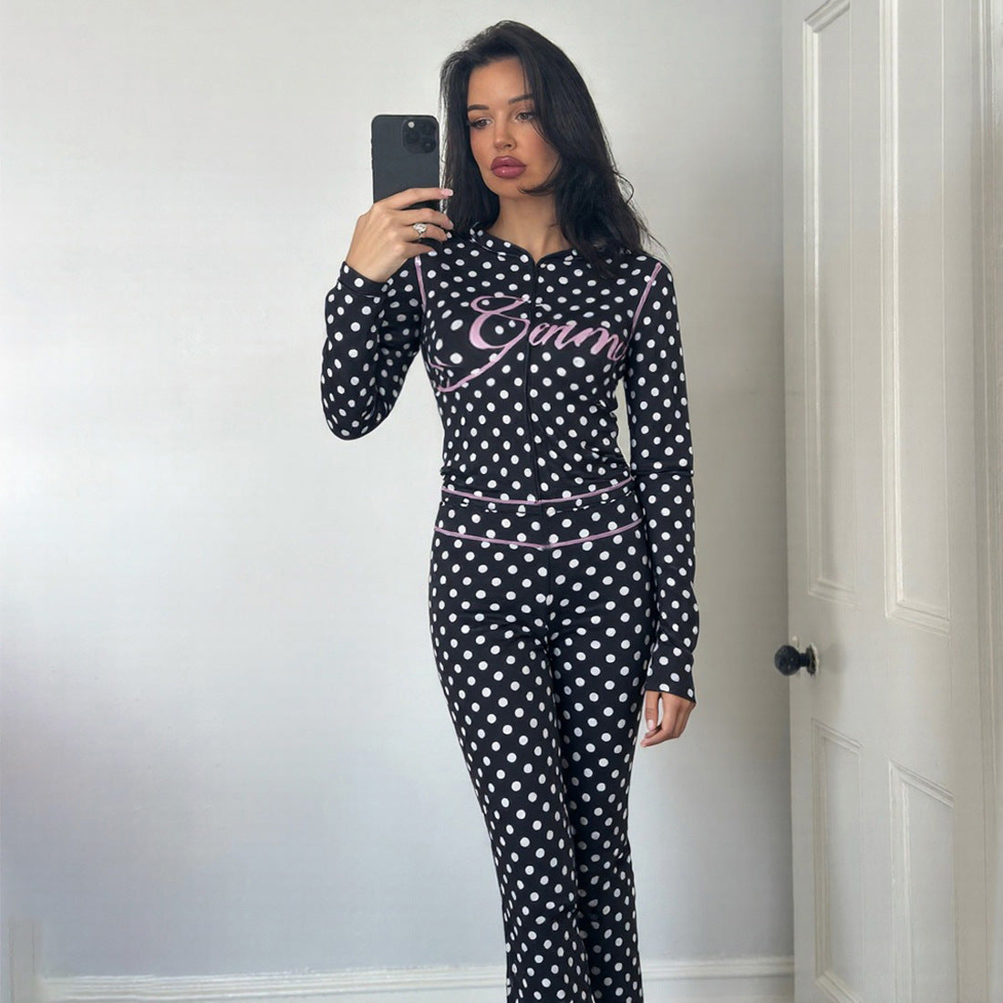 Dot Letter Print Hooded Crop Top And Long Pants Set
