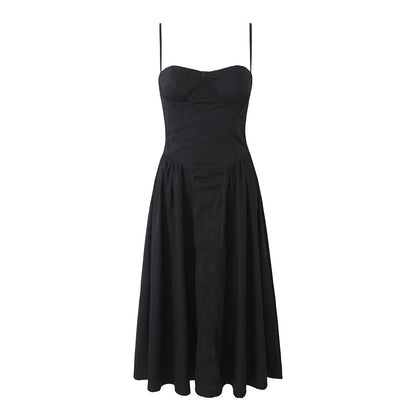Solid Color Square Neck Pleated Midi Dress