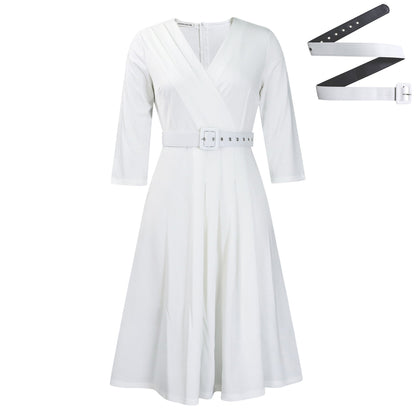 Elegant V-Neck A-Line Dress With Belt For Women