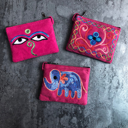 Nepali Hand-Embroidered Suede Ethnic Style Mini Coin Purse Pocket Card Bag Short Fabric Coin Bag
