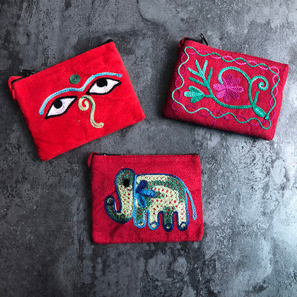 Nepali Hand-Embroidered Suede Ethnic Style Mini Coin Purse Pocket Card Bag Short Fabric Coin Bag