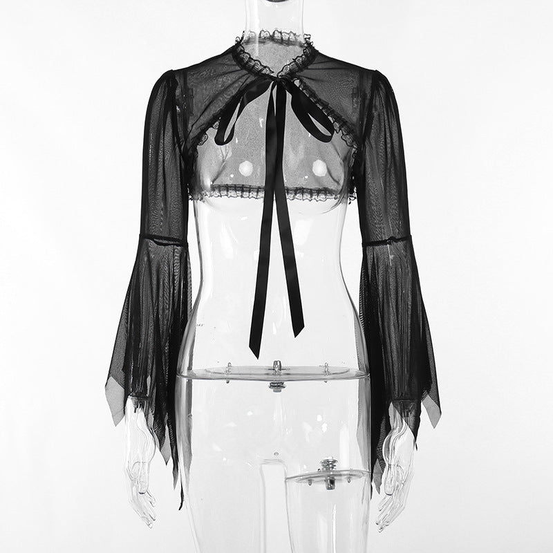 Sheer Lace Panel Long Sleeve Top with Tie Band