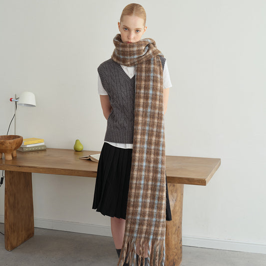 Wool Blend Fringed Plaid Scarf Cozy Casual Shawl