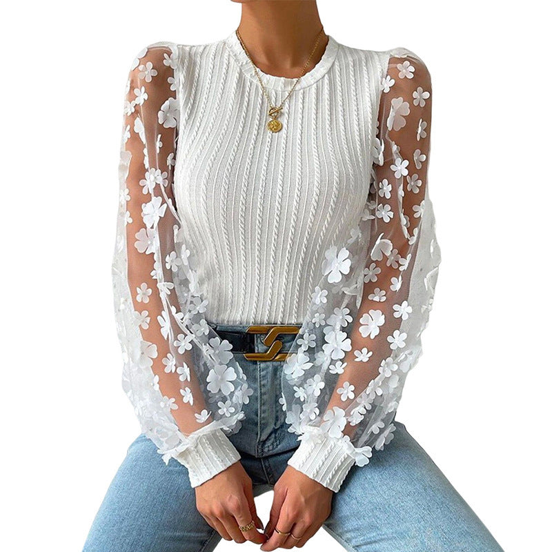 Women'S Mesh Small Flower Chiffon Shirt, Women'S Spring/Summer Round Neck Slimming Pullover Long Sleeved Top