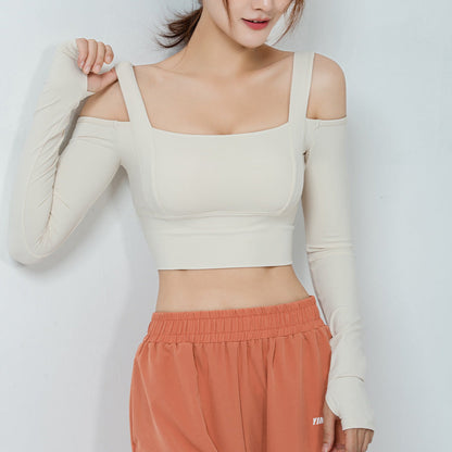 Tight All-In-One Yoga Suit Long-Sleeved Off-The-Shoulder Sports Top Women'S Gym Running T-Shirt