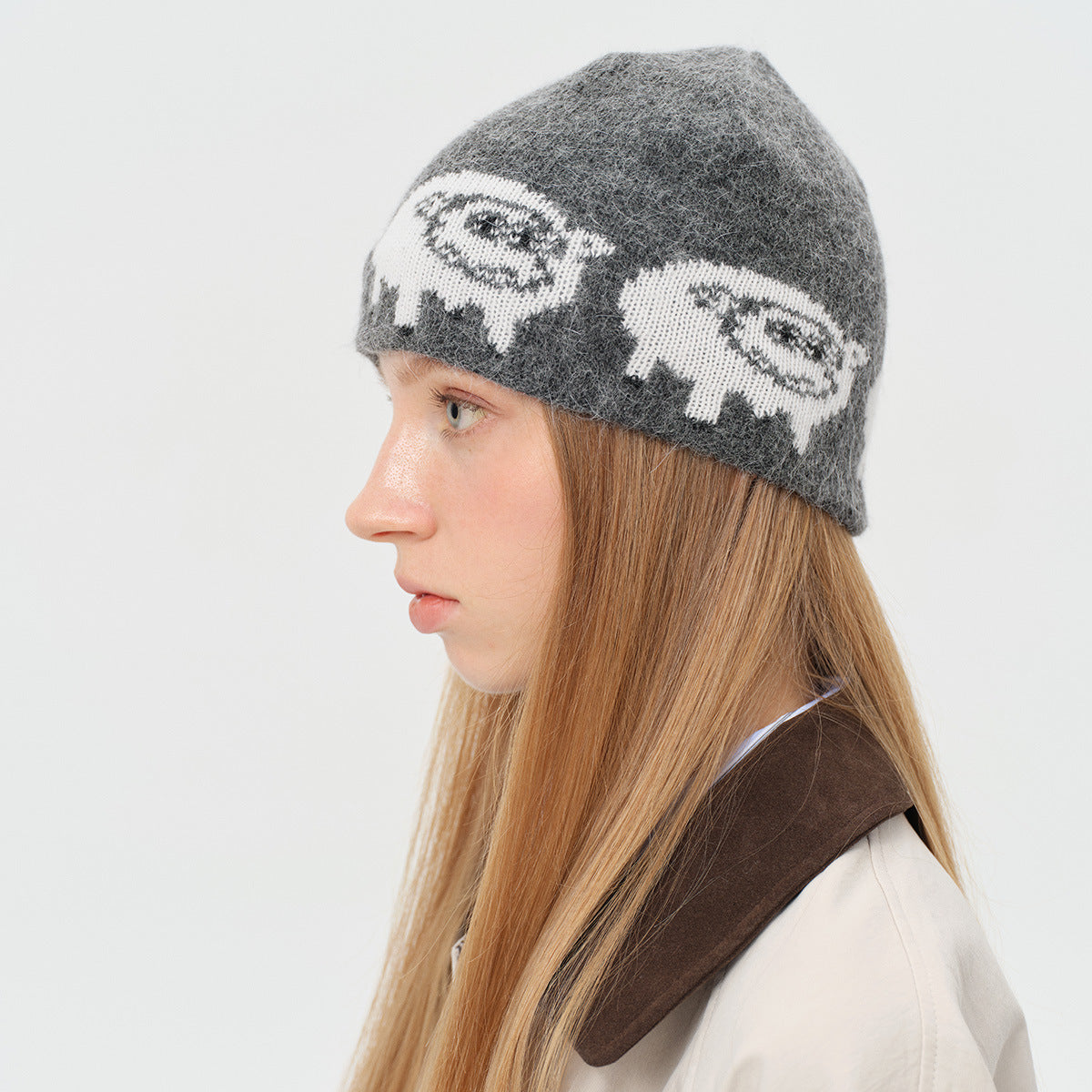 Cute Knitted Rabbit Hair Blend Beanie Hat for Women