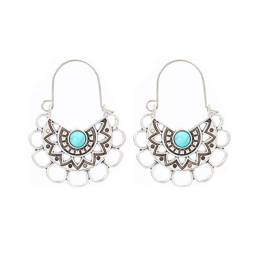 Simple Tribal Flower Teardrop Circle Turquoise Earring Set