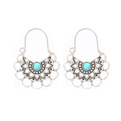 Simple Tribal Flower Teardrop Circle Turquoise Earring Set