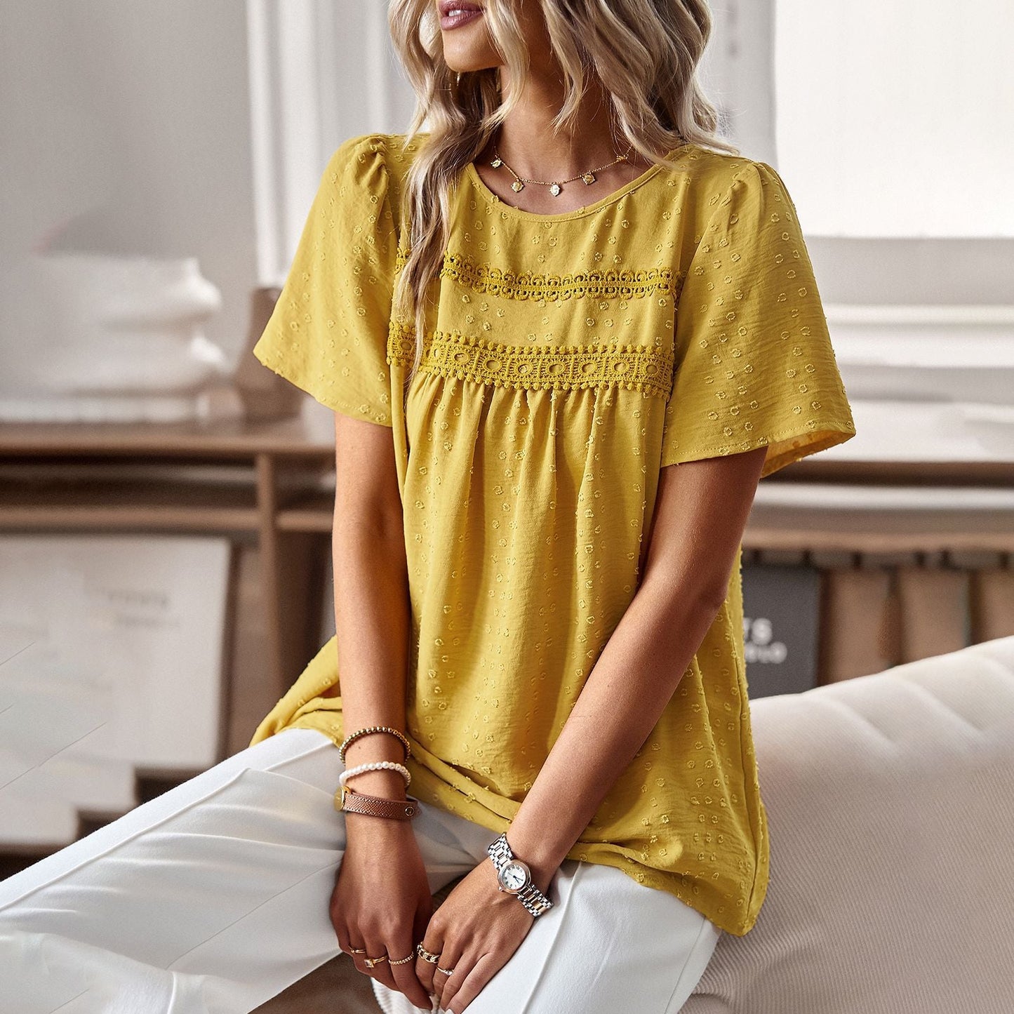 Casual Color Block Crew Neck Top Elegant Women's Blouse