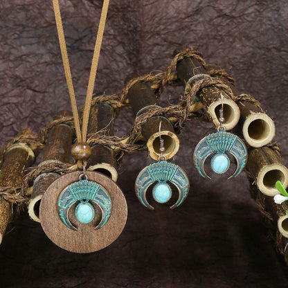 Vintage Floral Alloy Wood Pendant Necklace Set