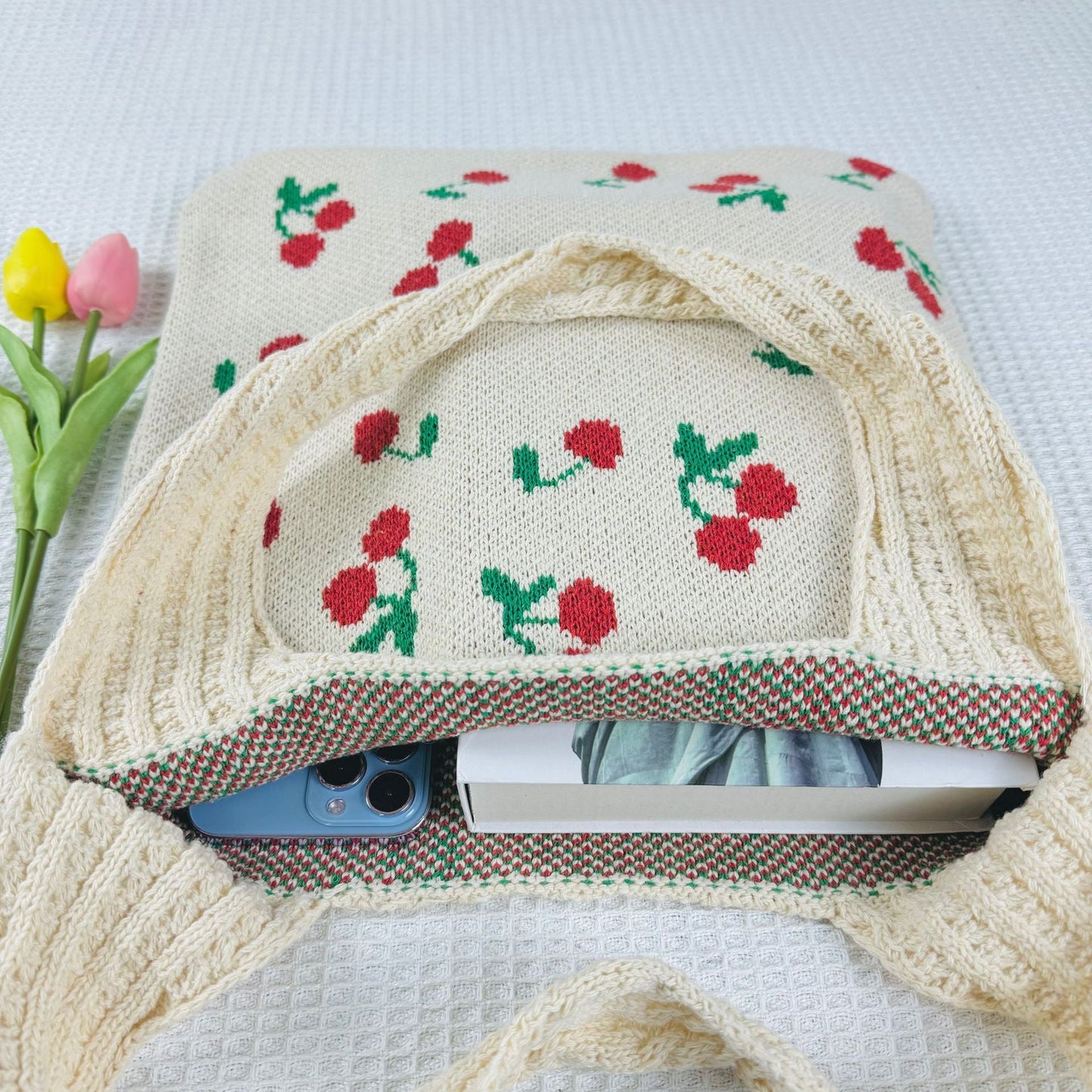Cherry Print Cute Shoulder Bag Knit Tote Bag