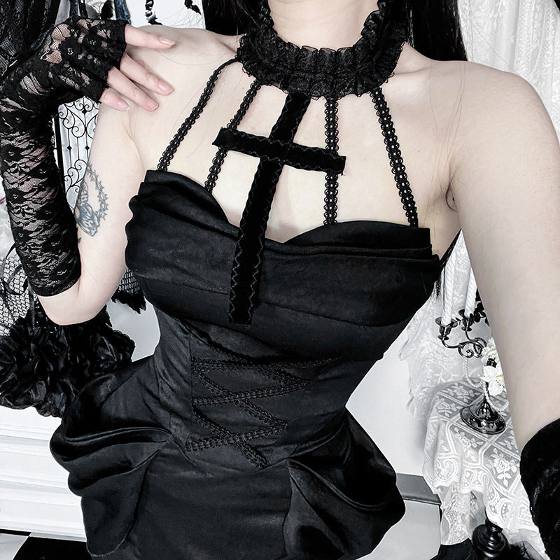 Gothic Style Lace Maxi Dress with Halter Neck