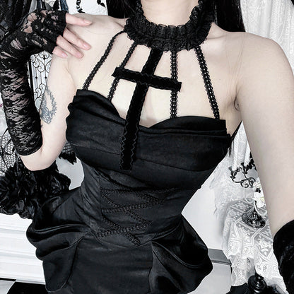 Gothic Style Lace Maxi Dress with Halter Neck