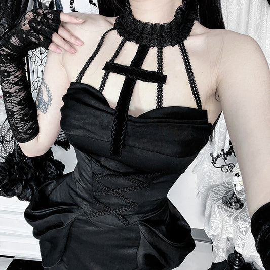 Gothic Style Lace Maxi Dress with Halter Neck
