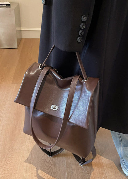 Leather Backpack With Silver Tone Twist Lock