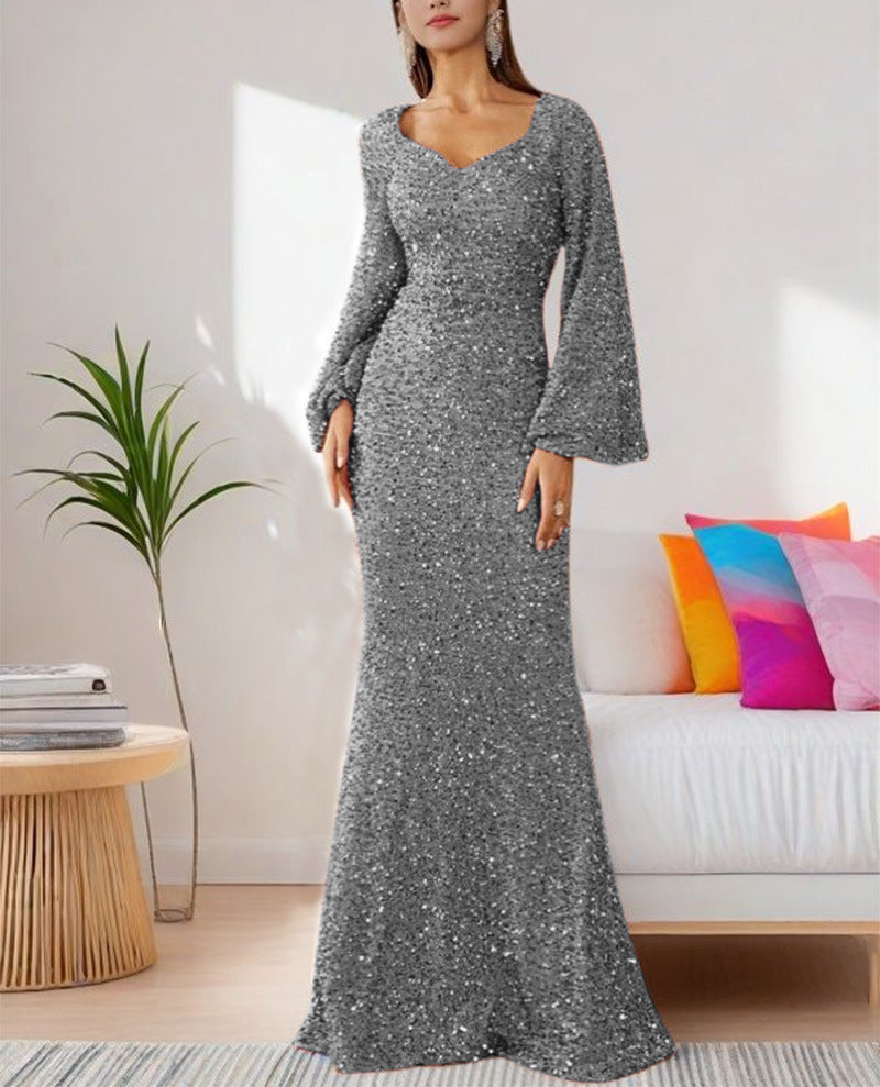 Stylish V-Neck Sequin Midi Dress with Bell Sleeves