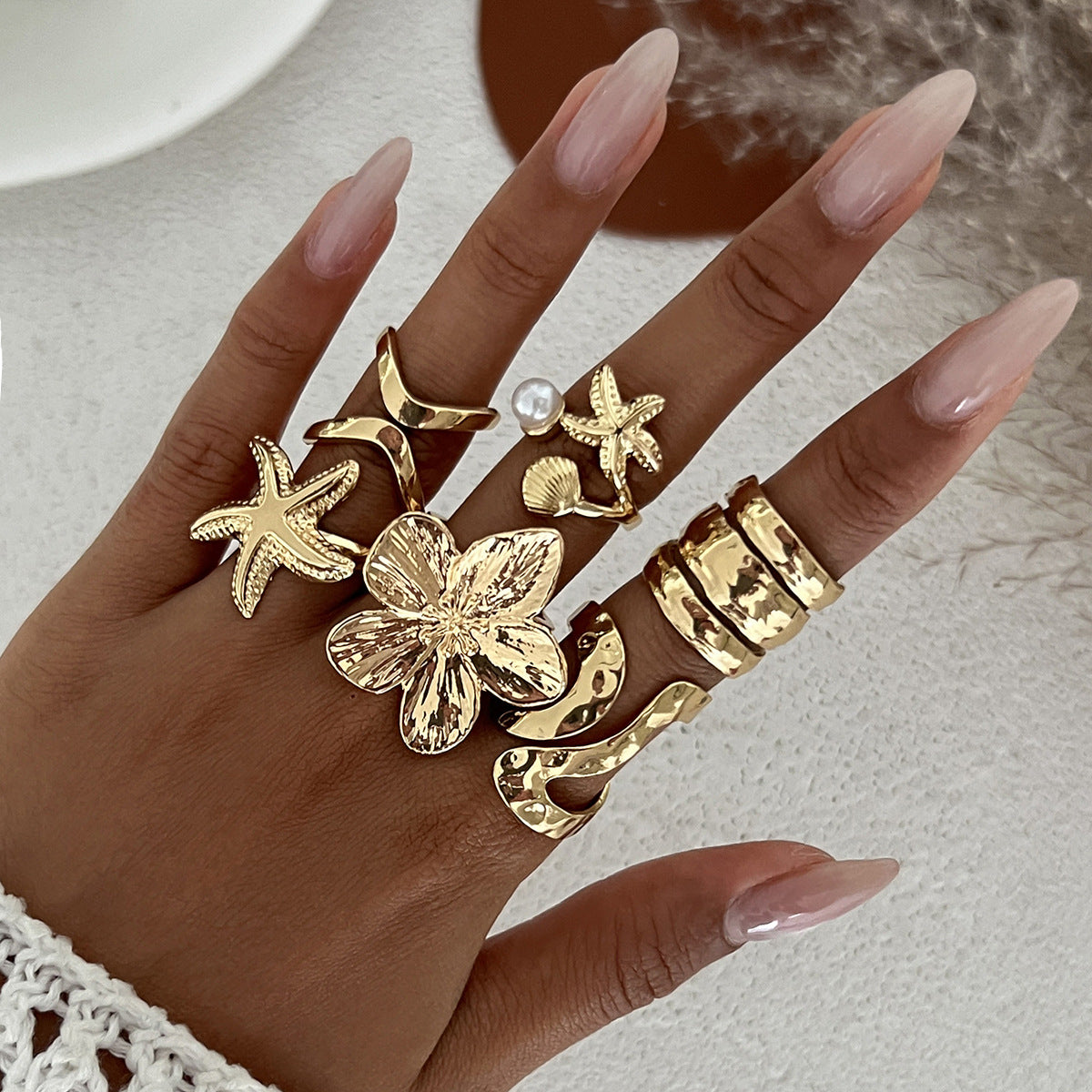 Starfish Shell Metal Ring Set Trendy Fashion Jewelry