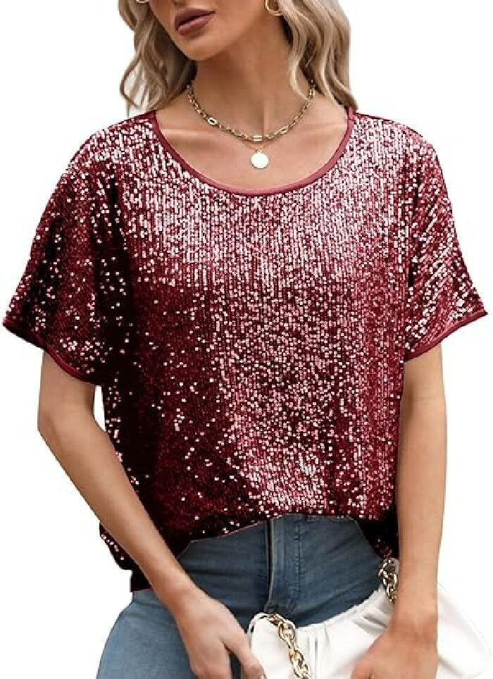Sequin Deep V-Neck Short Sleeve Top