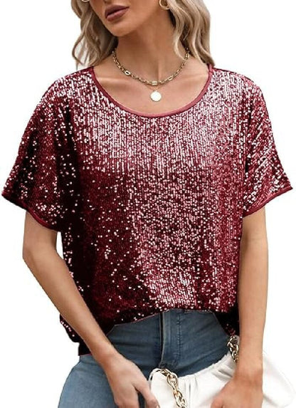 Sequin Deep V-Neck Short Sleeve Top