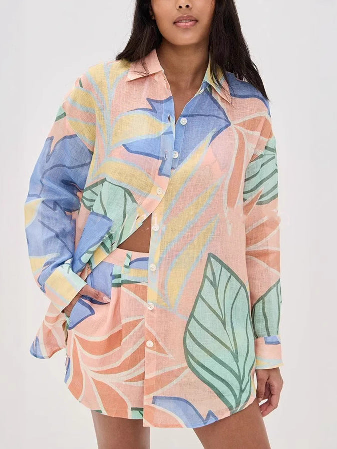 Elegant Loose Linen Shirt Set with Long Sleeves