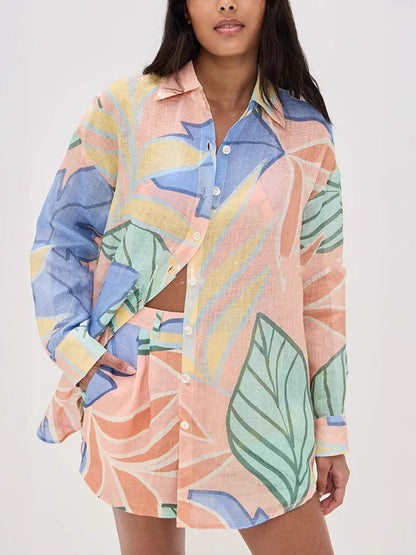 Elegant Loose Linen Shirt Set with Long Sleeves