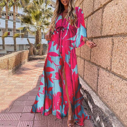 Elegant Floral Maxi Dress with Bow Tie Detail