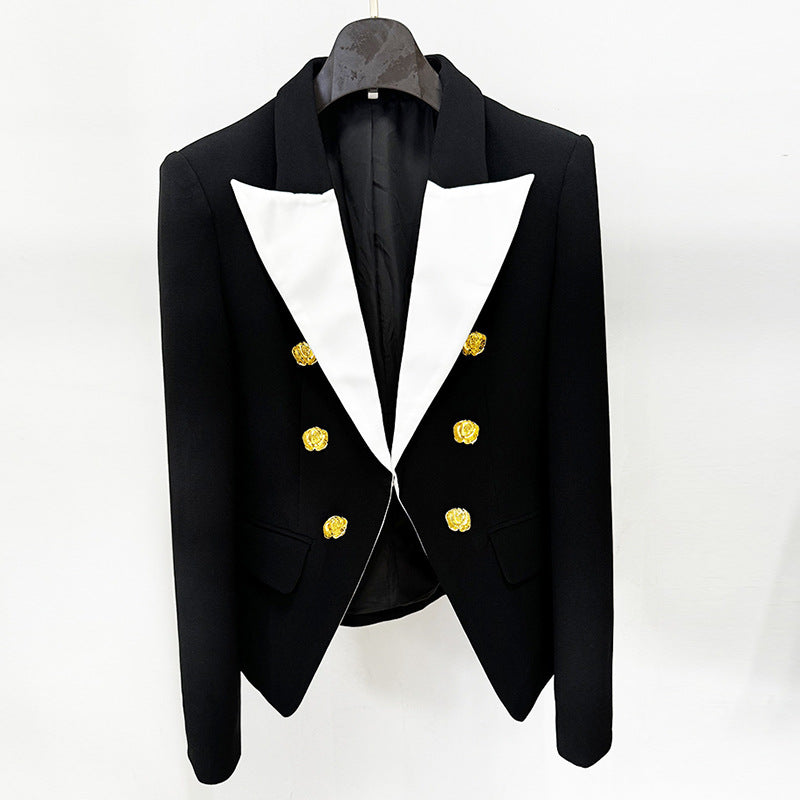Fashionable Color Block Blazer With Metal Rose Button