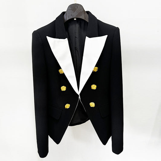 Fashionable Color Block Blazer With Metal Rose Button
