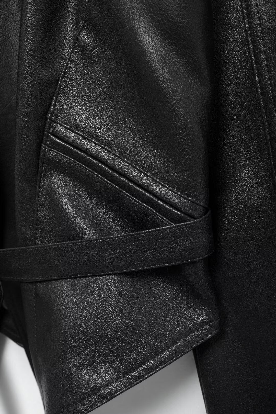 Cool Lapel Drawstring Belt Leather Jacket