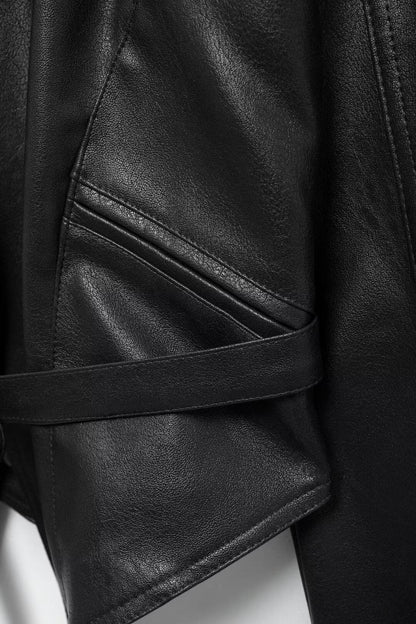 Cool Lapel Drawstring Belt Leather Jacket