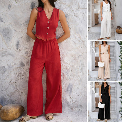 Casual Solid Color Cardigan and Wide-Leg Pants Set