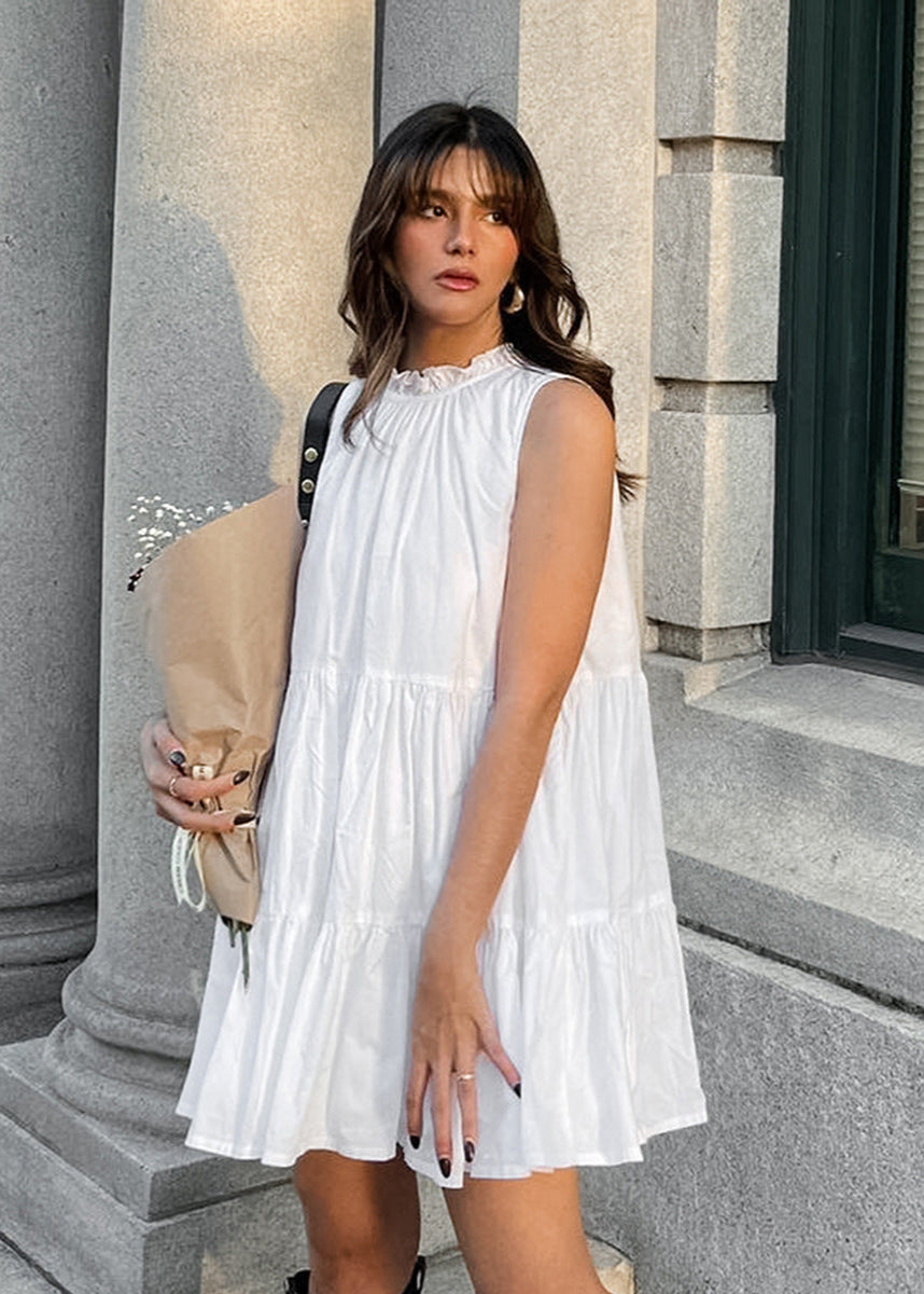 Sleeveless Mini Dress Lightweight Fabric Ruffle Neckline