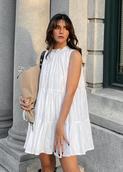 Sleeveless Mini Dress Lightweight Fabric Ruffle Neckline
