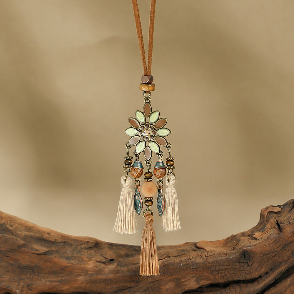 Bohemian Long Pendant Necklace with Tassels and Floral Design