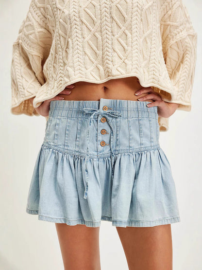 High-Waisted A-Line Casual Denim Pleated Skirt