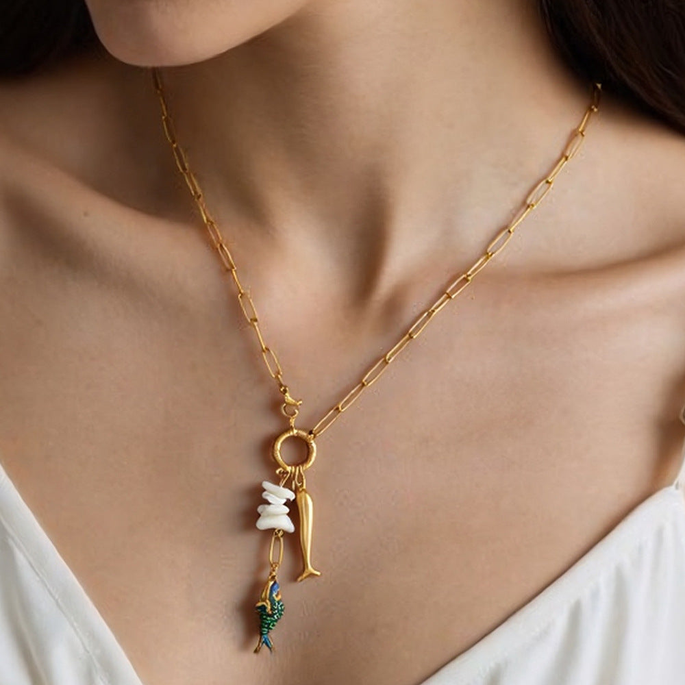 Stylish Fish Pendant Stainless Steel Necklace with 18K Gold Plating