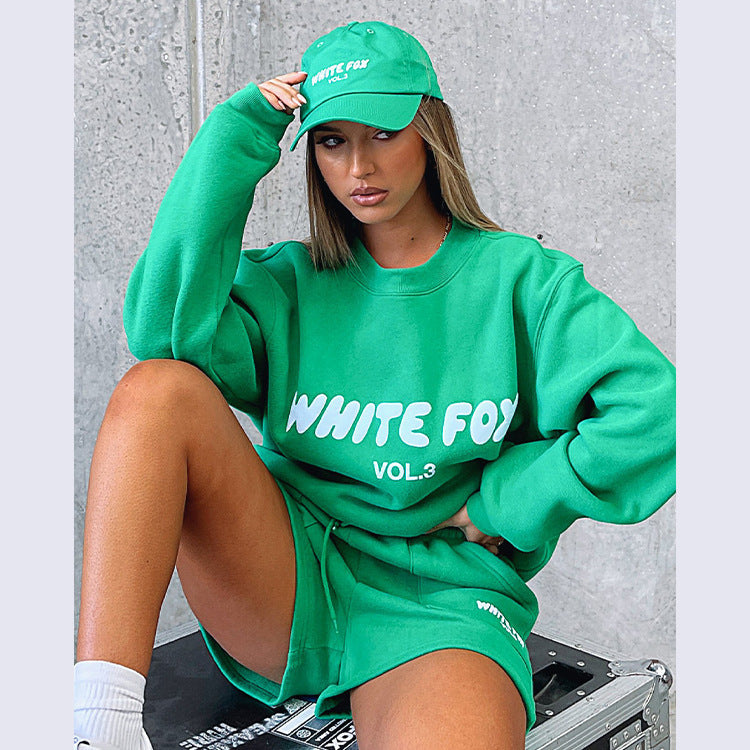 Letter Print Loose Sweatshirt Short Casual Set