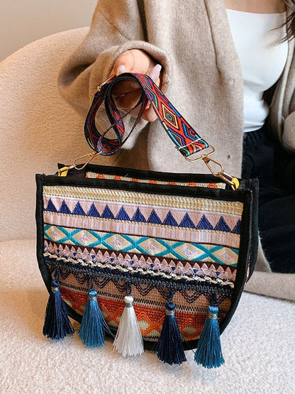 Woven Fringe Crossbody Bag Stylish Cotton Handbag