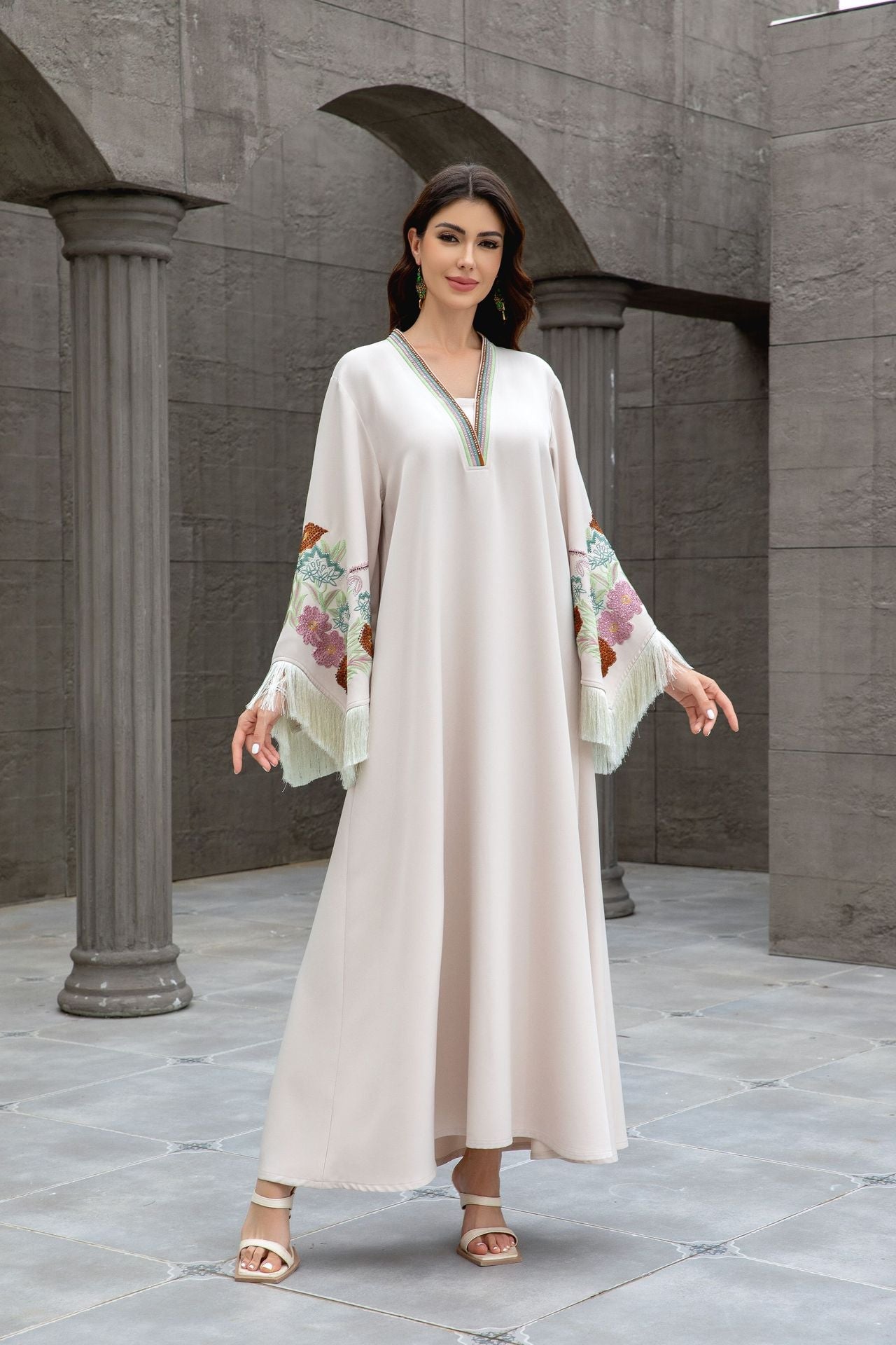 Embroidered Tassel V-Neck Abaya Dress for Women