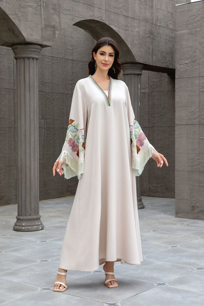 Embroidered Tassel V-Neck Abaya Dress for Women