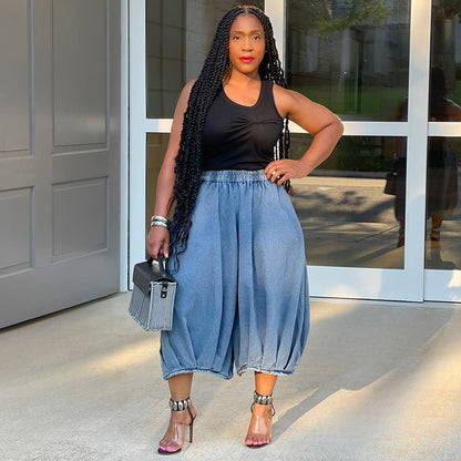 Casual Wide-Leg Denim Cropped Pants With Elastic Waist